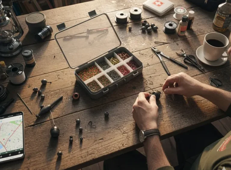 Pastrarea accesoriilor pentru pescuit 1 Pastrarea accesoriilor pentru pescuit într-o cutie modulară: cârlige, clești și foarfecă organizate și protejate.