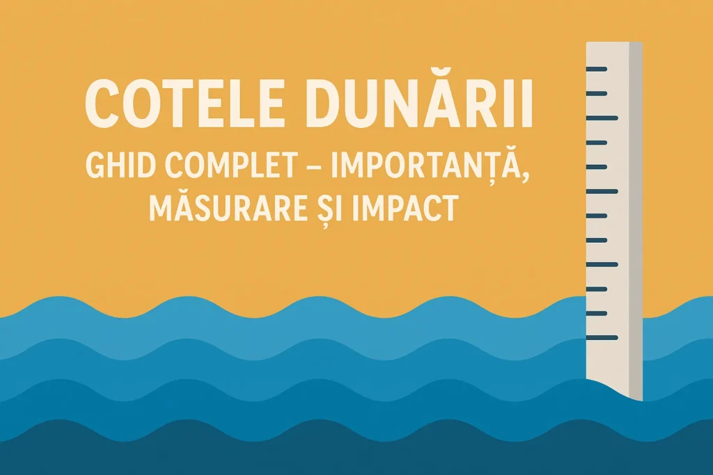Cotele Dunării: Ghid Complet – Importanță, Măsurare și Impact 3 Ilustrație stil flat design reprezentând un fluviu cu un sistem de măsurare a nivelului apei, simbolizând monitorizarea cotelor Dunării.