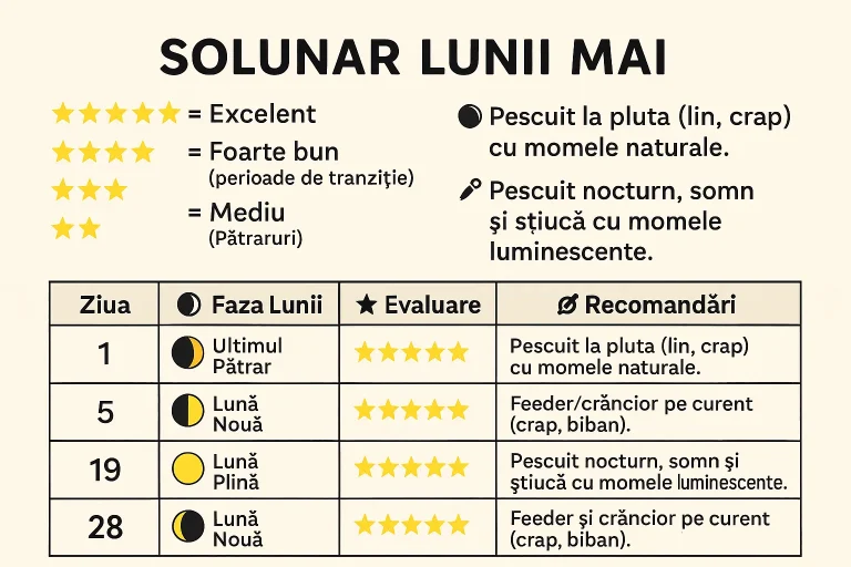 Solunarul Lunii Mai – Ghid Complet pentru Pescari 2025 7 Solunarul Lunii Mai – Ghid Complet pentru Pescari