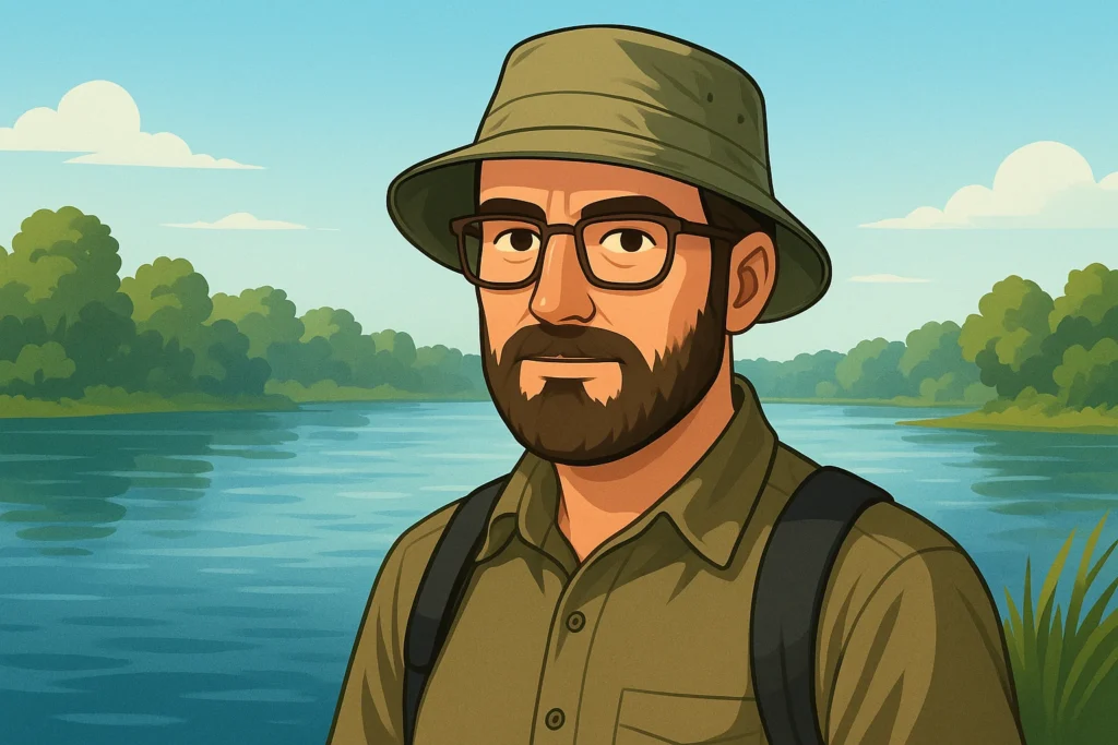Cronicarul Dunarii – portret ilustrat realist cu pălărie și ochelari pe malul Dunării