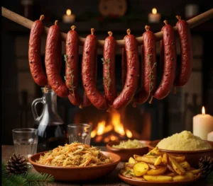 Cârnați de casă (tradiționali) de Crăciun din carne de vânat (mistreț), gata de afumat sau gătit.