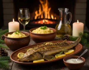 Sturion la cuptor cu Mămăliguță și Mujdei